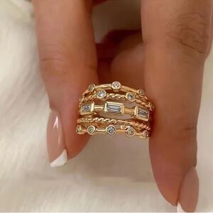 ✨ 18k Gold Plated Multi-Band Ring w/ Baguette & Round Stones — Adjustable ✨new